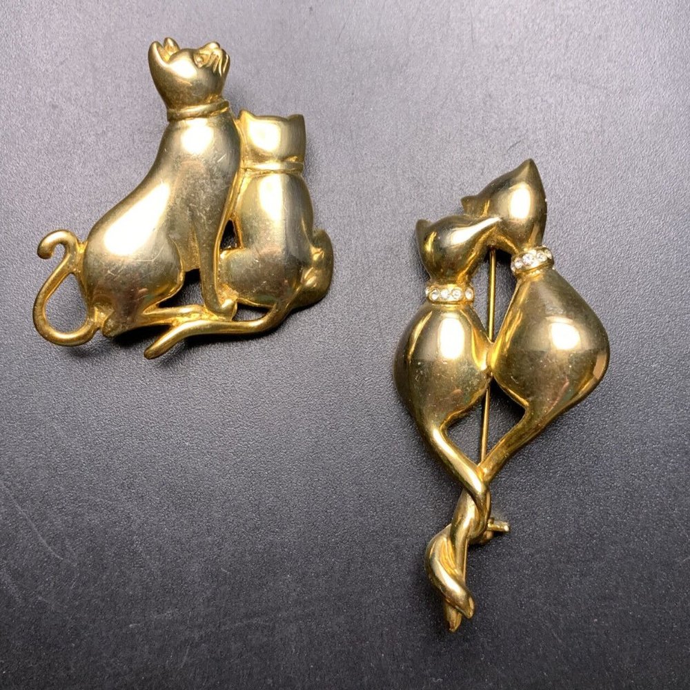 Cat Brooch Lot Kitten Kitties Cats Gold Tone Clear Rhinestone Silhouette Vintage